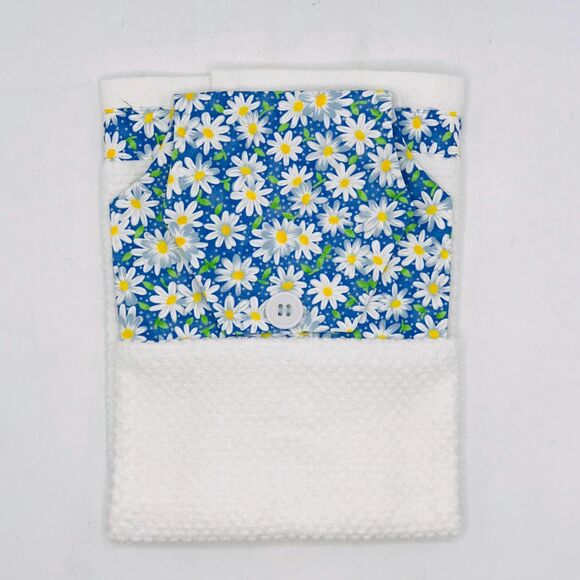 Hanging Kitchen Tea Towel, Button Closure, Cabinet Oven Towel Blue Daisy - Picture 9 of 9
